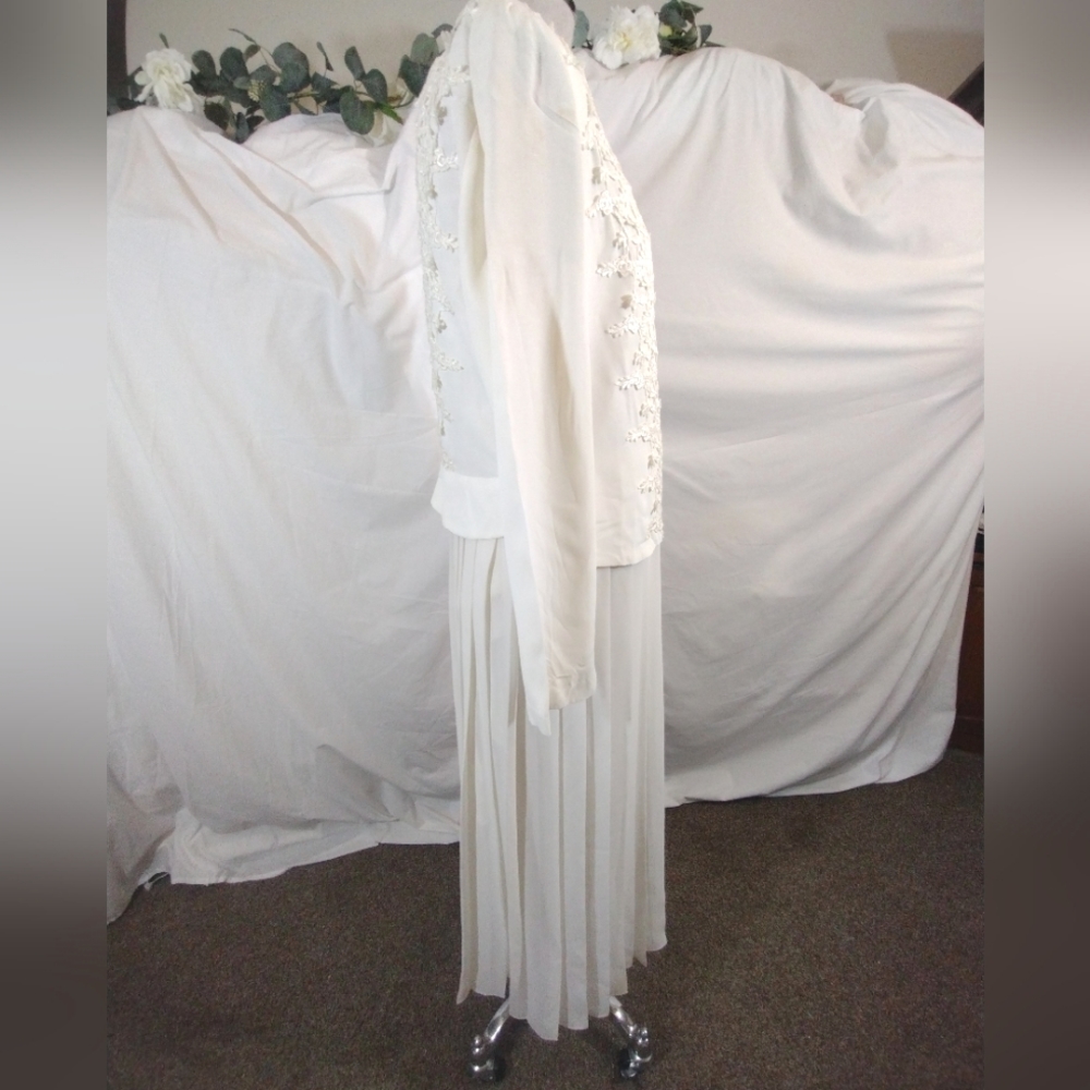 Midi Dress+Jacket, Vintage Open Crop, Long Sleeve, Ivory, Lace, Pleats, Straps,8 - Picture 3 of 16